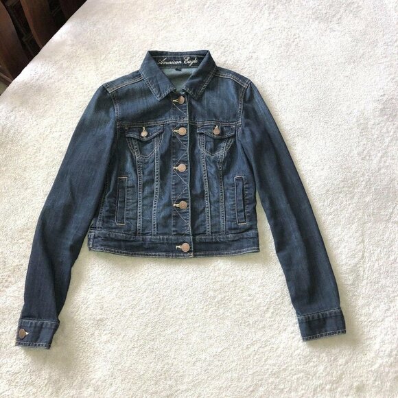 AMERICAN EAGLE Dark Wash Stretch Denim Jean Jacket ASO Elena Gilbert - Picture 8 of 13
